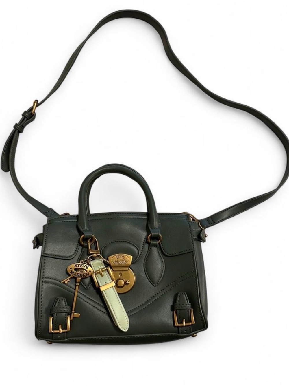 Steve Madden Dark Green Satchel with Gold Hardware and Key Charm